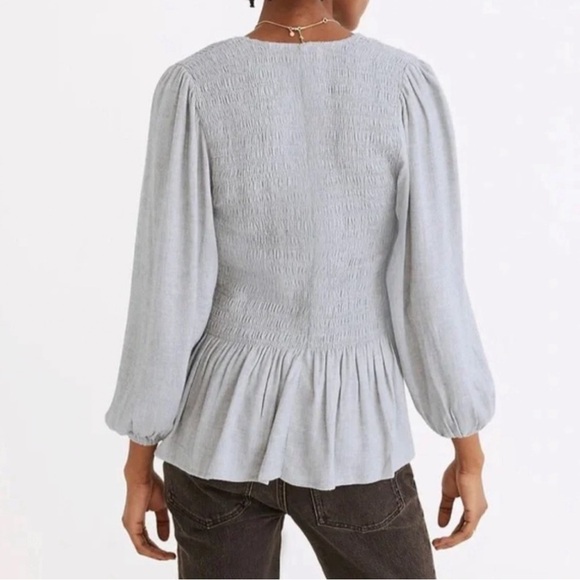 Madewell Size Small Lucie V-Neck Smocked Peplum Top‎ Wool Gauze Gray Ruffle Boho - Picture 3 of 7